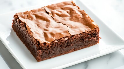 A close-up of a rich, fudgy brownie with a glossy top, on a white dessert plate, copy space for text, high-resolution photo, realistic photo