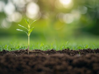 Medium shot of A slice of the earth, a side view, a sprout on the earth, roots entwine the sprout, grass grow on top, themed background,  