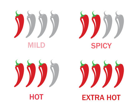 Pepper spice level. Red chili pepper.   Mild, spicy, hot, extra hot.Vector isolated illustration.
