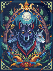Obraz premium Three Wolves Surrounded by Forest and Moonlight