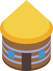 Isometric view of a traditional african tribal hut with a yellow roof