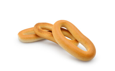 Delicious dry bagels (sushki or baranki) isolated on white background 