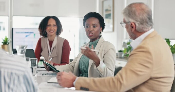 Office, meeting and business people with tablet in discussion for proposal, feedback and review. Corporate, insurance company and workers with digital tech for teamwork, collaboration and planning