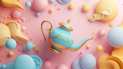 Aladdins lamp flat design top view magic theme 3D render colored pastel