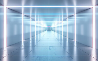white empty virtual space with light neon lines on the floor and ceiling