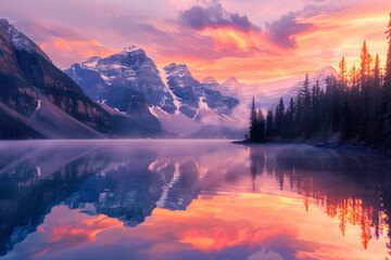 Fototapeta premium A Breathtaking Mountain Sunrise over a Tranquil Lake Reflecting the Colors of Dawn