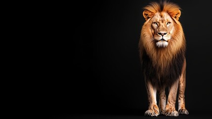Fototapeta premium A majestic lion with a full, flowing mane, in a powerful stance on a solid black background, showcasing the intricate details of its fur and powerful physique