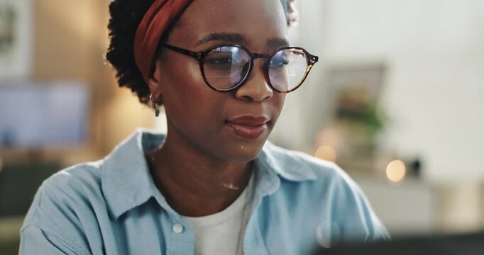 Home, remote work and black woman with glasses by laptop for network, research and creative project. Small business, entrepreneur and person with tech for affiliate marketing, review and web traffic