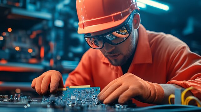 Technician Working on Electronics in a Workshop.