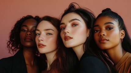 Fototapeta premium Group of diverse women posing confidently against a soft pink background, showcasing beauty and empowerment.