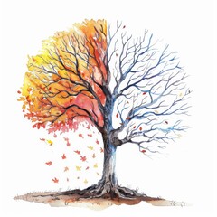 Naklejka premium A tree with one half full of leaves, other half bare, watercolor, isolated on white background
