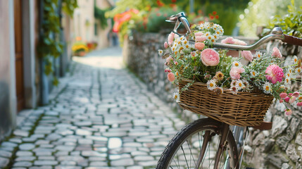 Close-up of a vintage bicycle with a basket of fresh flowers parked by a cobblestone street