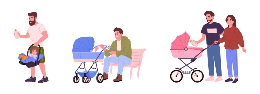 Fathers with baby strollers. Dads with baby pushchairs and carriages, young dadda walking with children in wheeling stroller flat vector illustration set. Parenting scenes collection