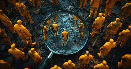 A magnifying glass is placed on an icon of one person among many to find the right employee for your company's team.