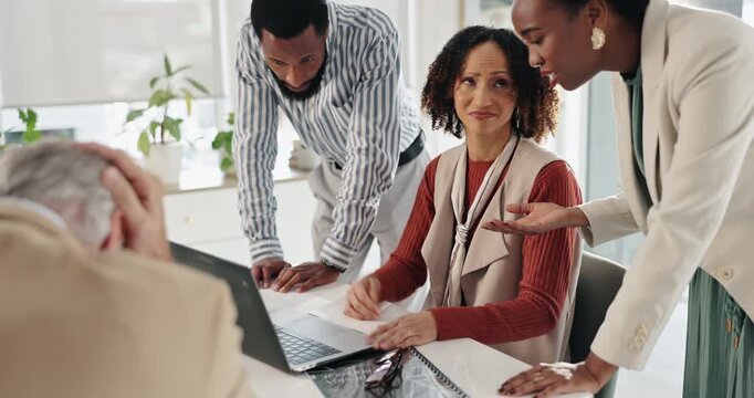 Business people, stress and meeting with laptop in office for network, glitch and troubleshooting. Frustrated, developer and employee with tech at desk for website launch, fail and programming error