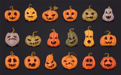 Halloween carved pumpkins. Cartoon pumpkin jack-o-lanterns, spooky Halloween decorations flat vector illustration set. Scary pumpkins with evil faces