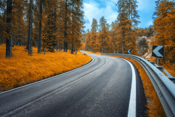 Fototapeta premium Road in orange forest in autumn. Dolomites, Italy. Beautiful mountain road, trees with lush foliage, grass, high rocks, sky with clouds in fall. Landscape with empty curvy road in the woods. Transport