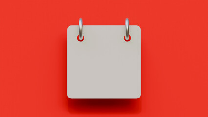 3d illustration of calendar with blank page on red background. Blank calendar page mock up.