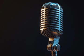 A retro-style vintage microphone in a close-up view, illuminated against a dark background. Ideal...