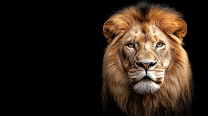 Close-up of a majestic lions face, its golden mane flowing, set against a solid black background, with striking focus on the intense eyes and textured fur