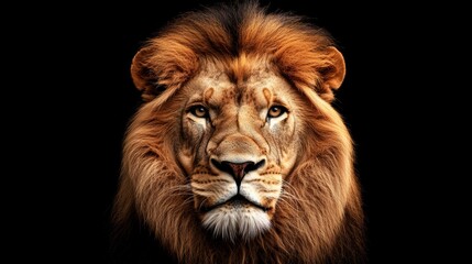 Fototapeta premium Close-up of a majestic lions face, its golden mane flowing, set against a solid black background, with striking focus on the intense eyes and textured fur