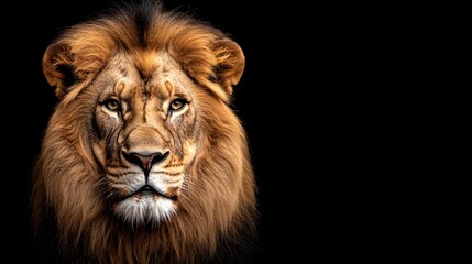 Fototapeta premium Close-up of a majestic lions face, its golden mane flowing, set against a solid black background, with striking focus on the intense eyes and textured fur