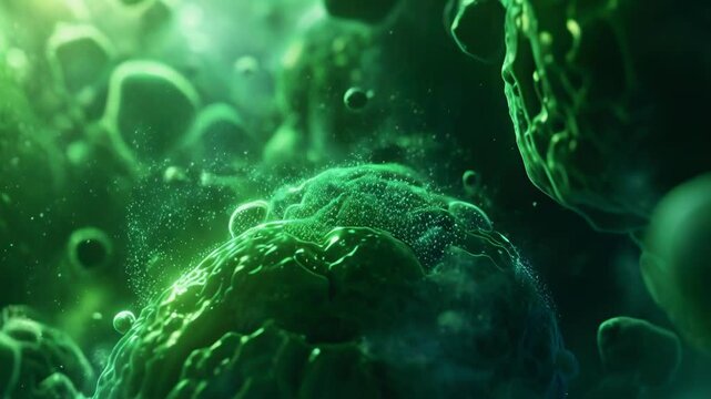 A detailed close-up of green bacteria observed under a microscope. The image features floating particles and a cellular structure, evoking a scientific and sterile atmosphere. The bacteria appear at