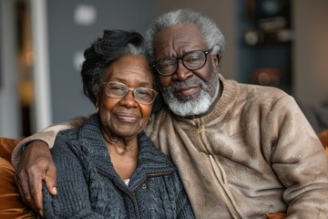 Older couple sharing a moment of affection on a sofa, Generative AI