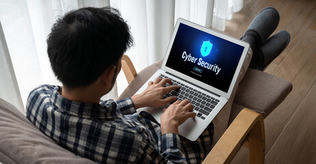 Cyber security system on computer screen protect private information snugly from hacker and cyber attack