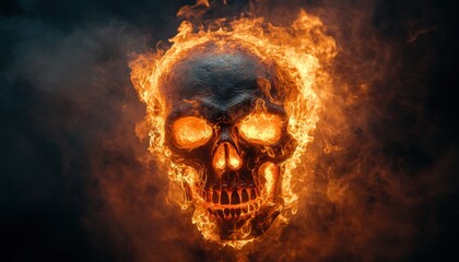 In a darkly illuminated room, a skull is enveloped by swirling flames and billowing smoke