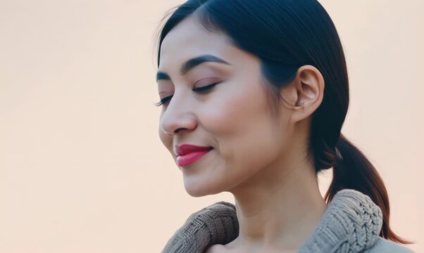 Portrait of a Indonesian woman in her 30s in a pastel or soft colors background wearing a chic cardigan