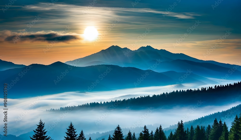 Sticker mountain landscape at sunrise