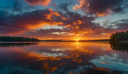 Obraz premium An image of a vibrant sunset over a serene lake, with colorful reflections shimmering on the water