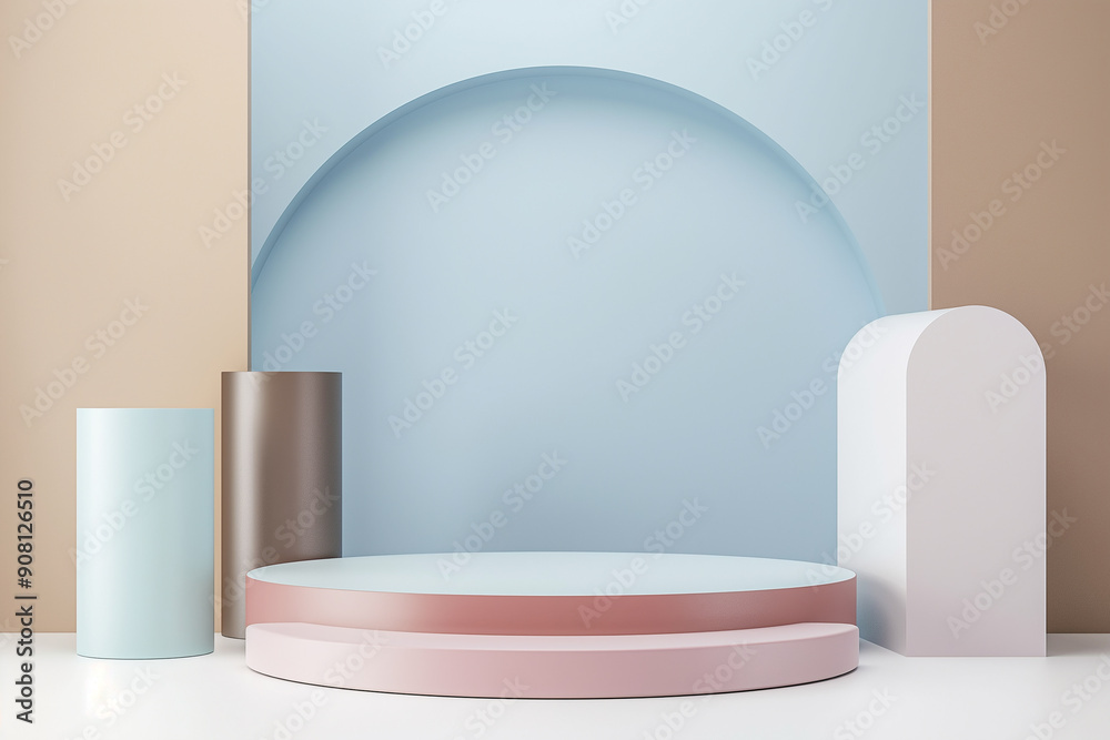 Poster Empty minimal podium displaying products on pastel colors background
