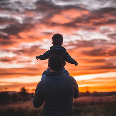 Heartwarming portrait of a father and son sharing a sunset moment, with the child sitting on his father's shoulders, holding hands and looking into the distance.