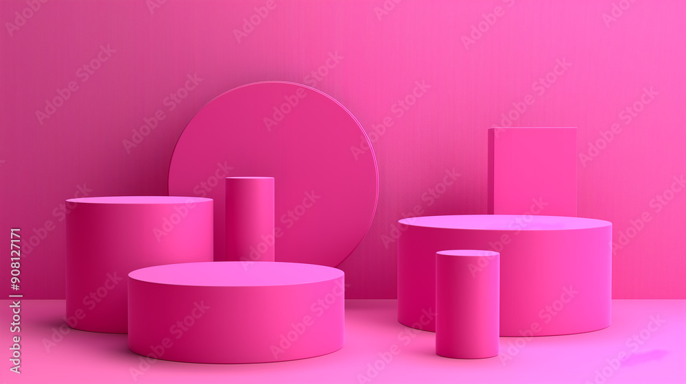 Poster minimal pink podium cylinders and square displaying products on pink background