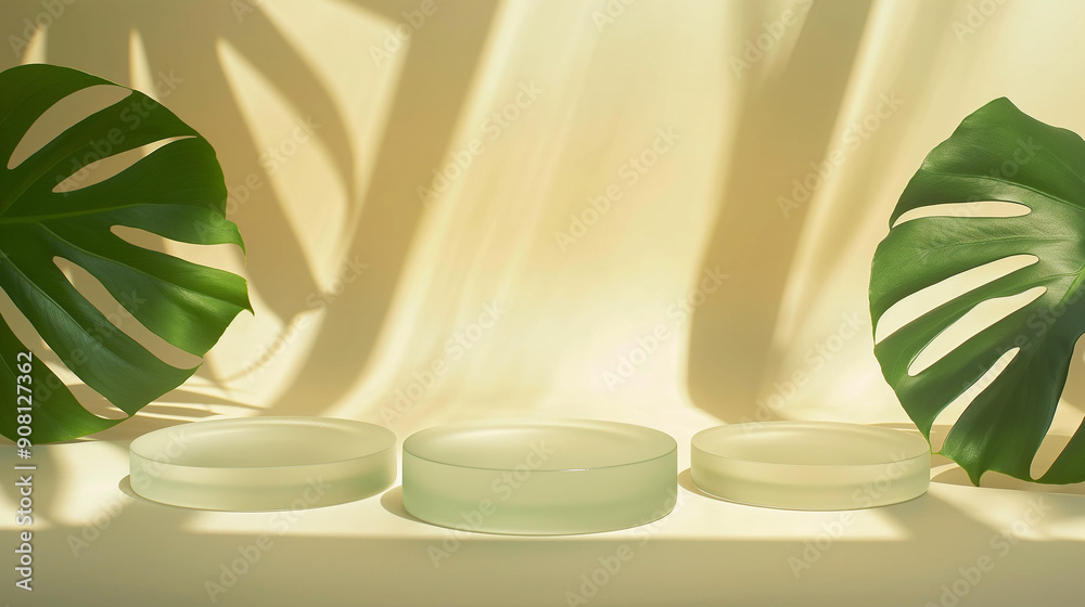 Poster three empty round podiums displaying cosmetic products with monstera leaves and shadows