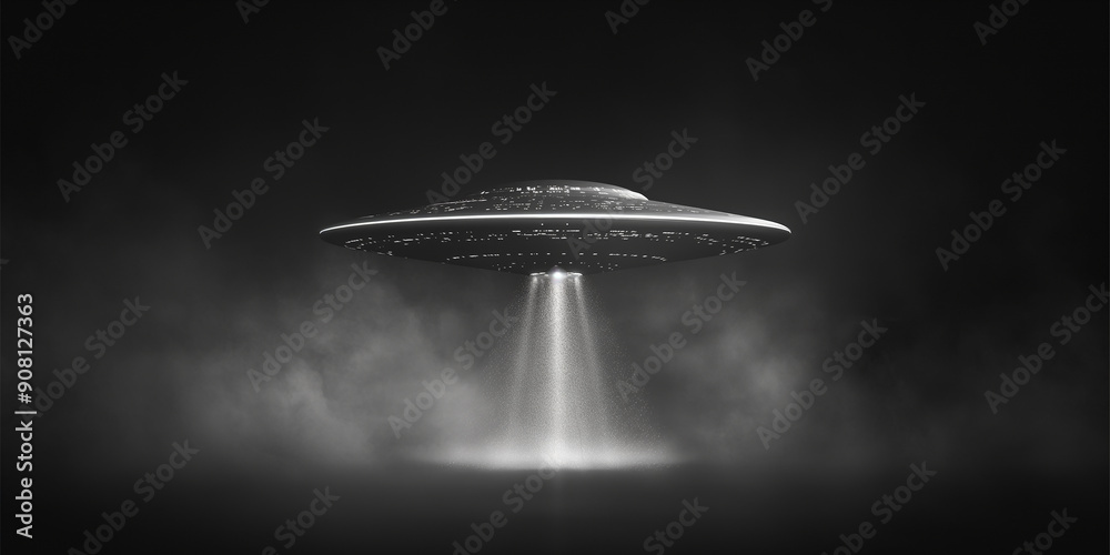 Poster alien ufo spaceship hovering over dark foggy landscape