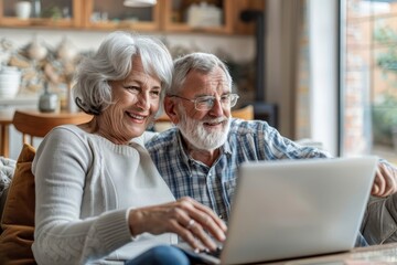 Senior couple working together on a laptop at home, smiling and enjoying online tasks, Generative AI