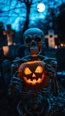 A skeleton holding a pumpkin in a graveyard at night