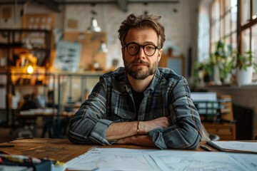 Fototapeta premium Male designer sitting at a table in an office, Generative AI
