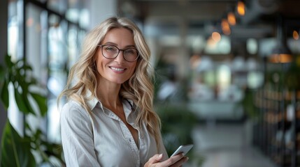 Fototapeta premium Mature business woman smiling and using a mobile phone in her office, Generative AI