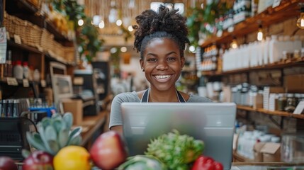 Naklejka premium Happy online store owner using a laptop in her shop, Generative AI