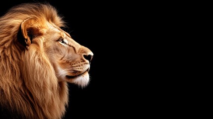 Fototapeta premium Side profile of a majestic lion with a luxurious mane, illuminated to highlight the textures and contours, set against a solid black background