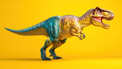 A vibrant and colorful toy dinosaur is happily walking on a bright yellow background