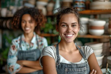 Fototapeta premium Cheerful female entrepreneurs smiling at the camera in their ceramic shop, Generative AI