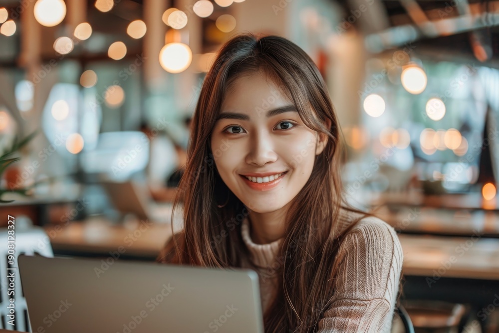 Wall mural Thoughtful ethnic businesswoman smiling while working on a laptop, Generative AI