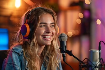 Happy young woman recording podcast with co-host in modern studio, Generative AI