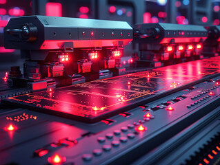 Close-up electronic circuit board. technology style concept. Contemporary Super Computer Processor. Industrial Robotic Manipulator End Effector Holding CPU Chip