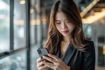 Fototapeta premium Asian business woman using a mobile phone in her workplace, Generative AI